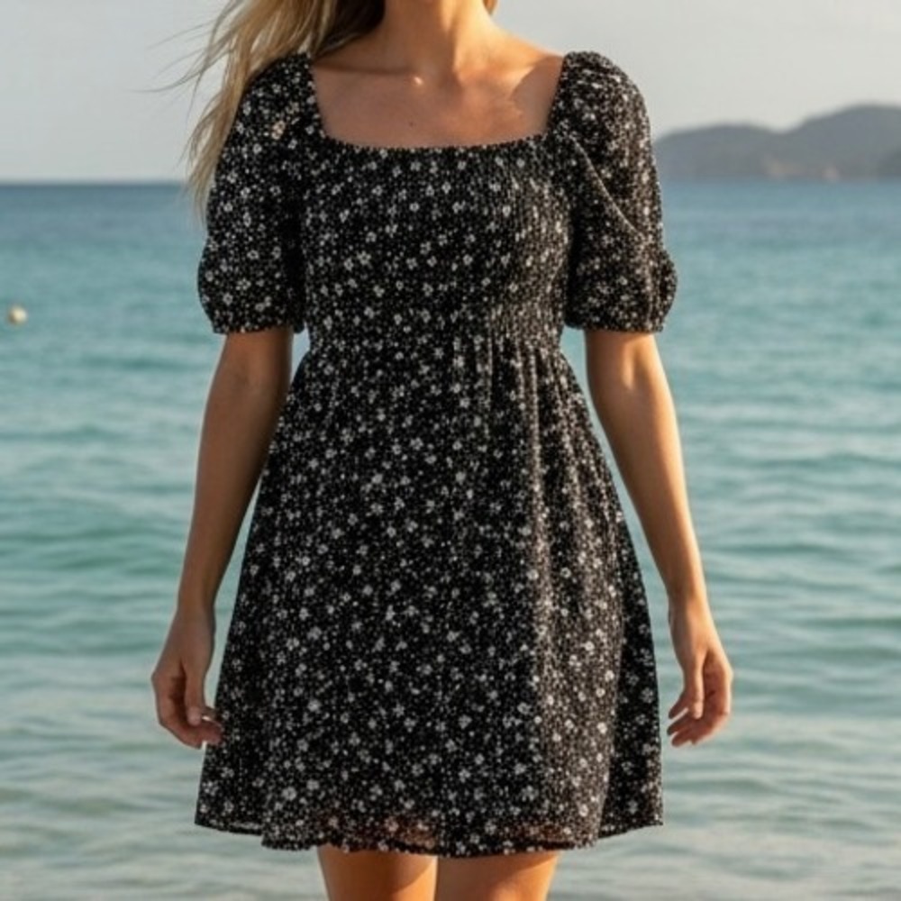 Floral Eyelet Smocked Mini Dress Square Neck Puff Sleeve Navy Cottagecore Sz S